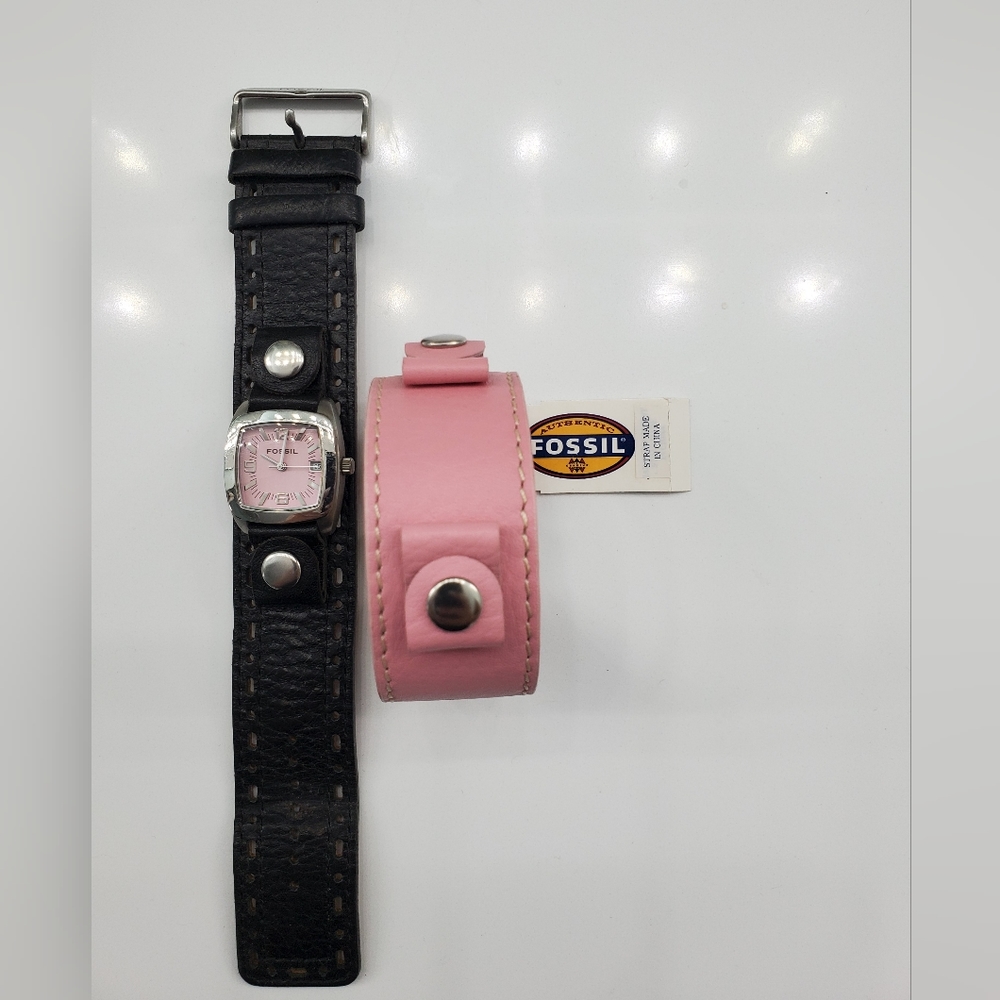 Fossil Watch with Black & Pink Leather Band